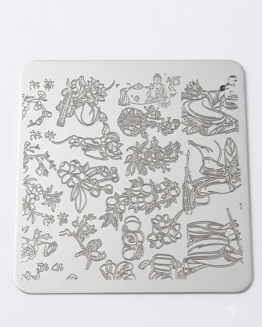 A metal stamping plate featuring various flower patterns with a reddish blooming liquid being applied to a specific floral design section.