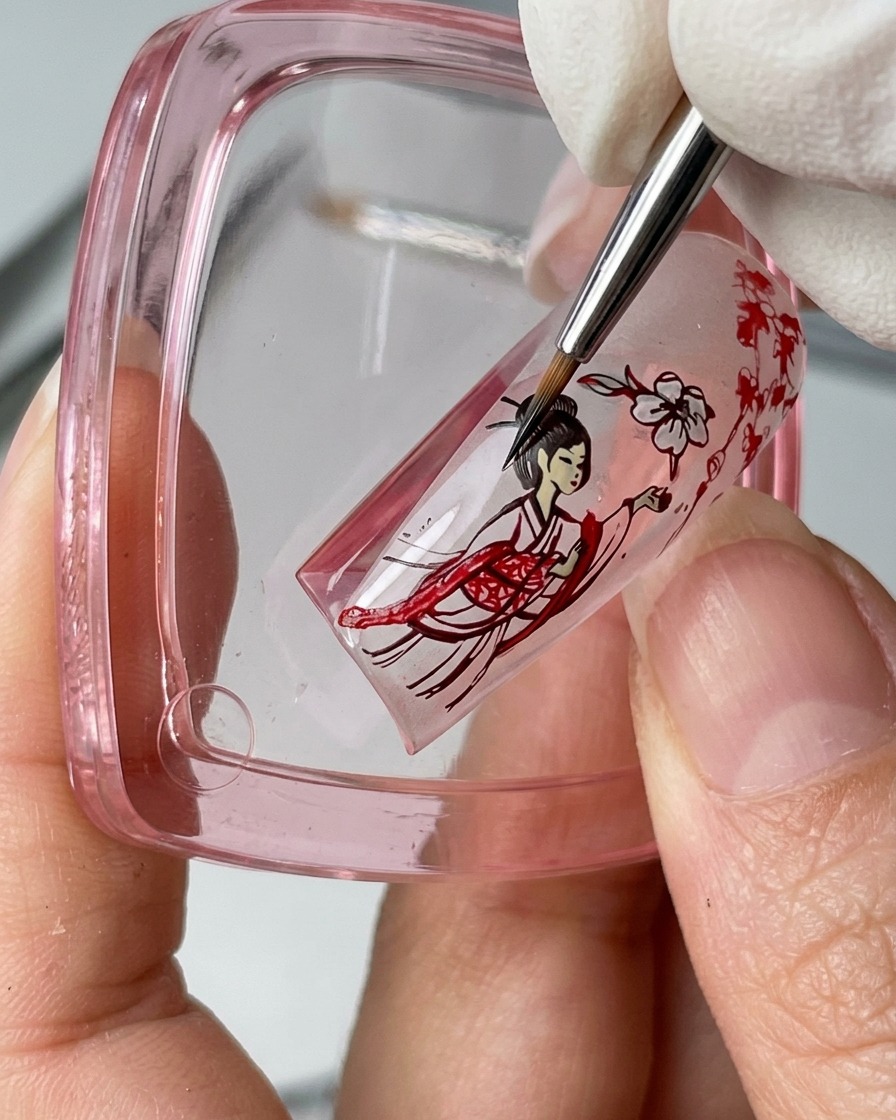 A fine brush filling the swirling garment ribbons with red blooming liquid on a nail art tip.