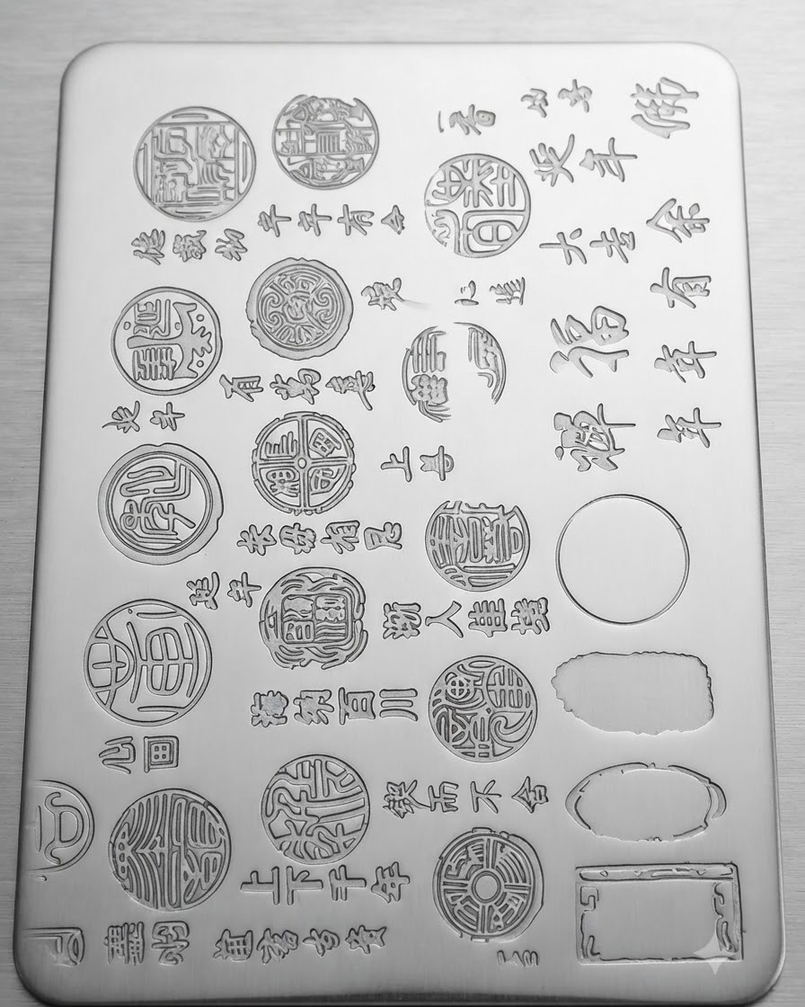 A metal stamping plate engraved with various traditional Chinese calligraphy seals and text patterns.