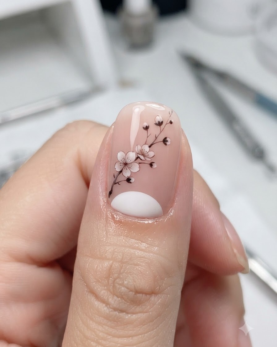 A thumb nail showing a detailed floral branch design sealed with a smooth matte top coat.