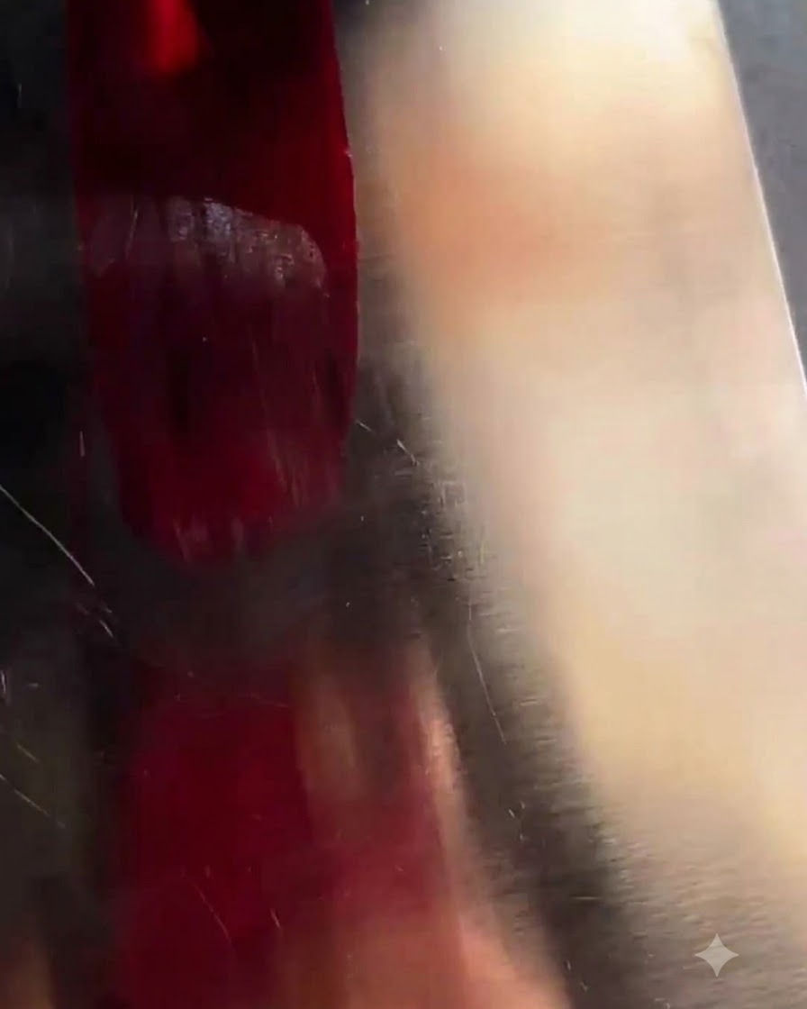 A bottle of dark red stamping polish being applied over a metal stamping plate surface.