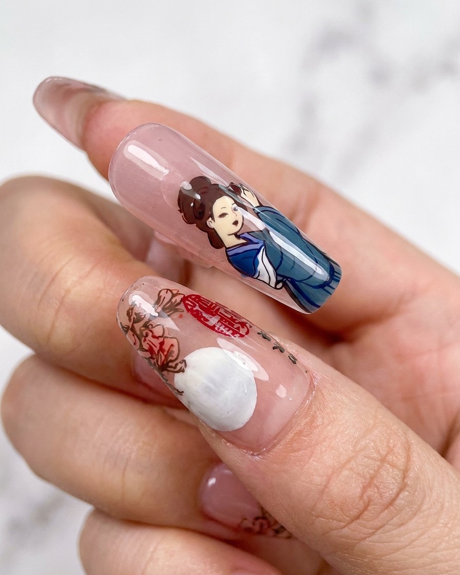 A nail featuring a traditional character design with blooming liquid being applied to enhance clothing color details.