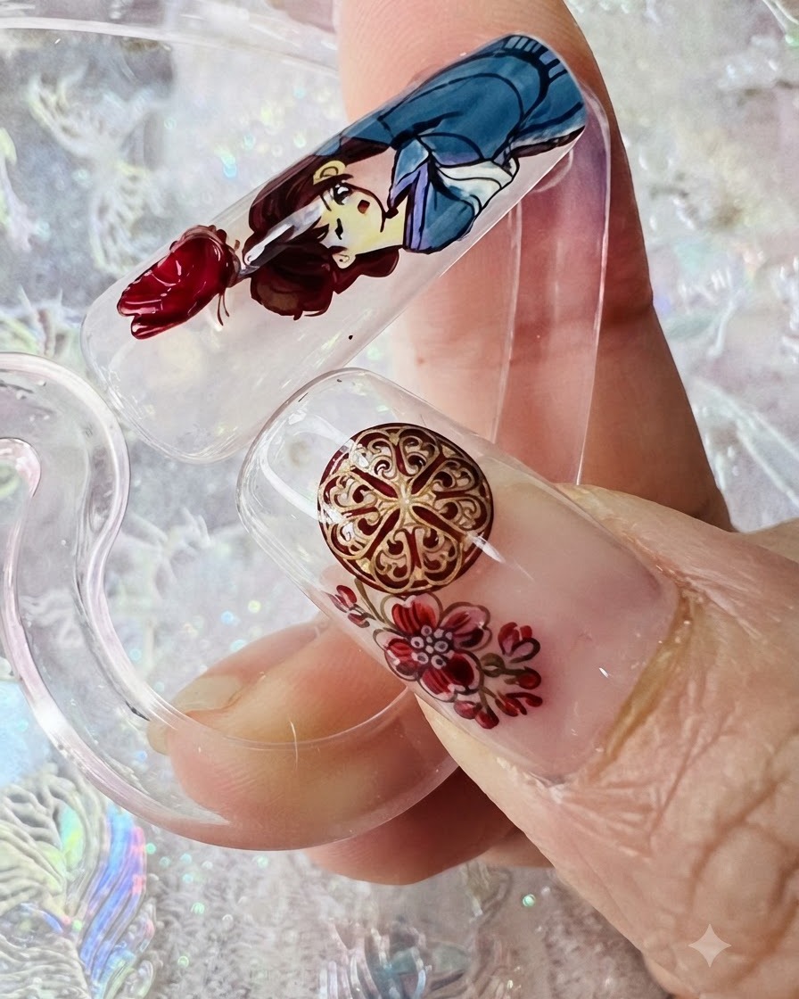 Two decorated nail tips, one with a matte finish and character art, under lighting.