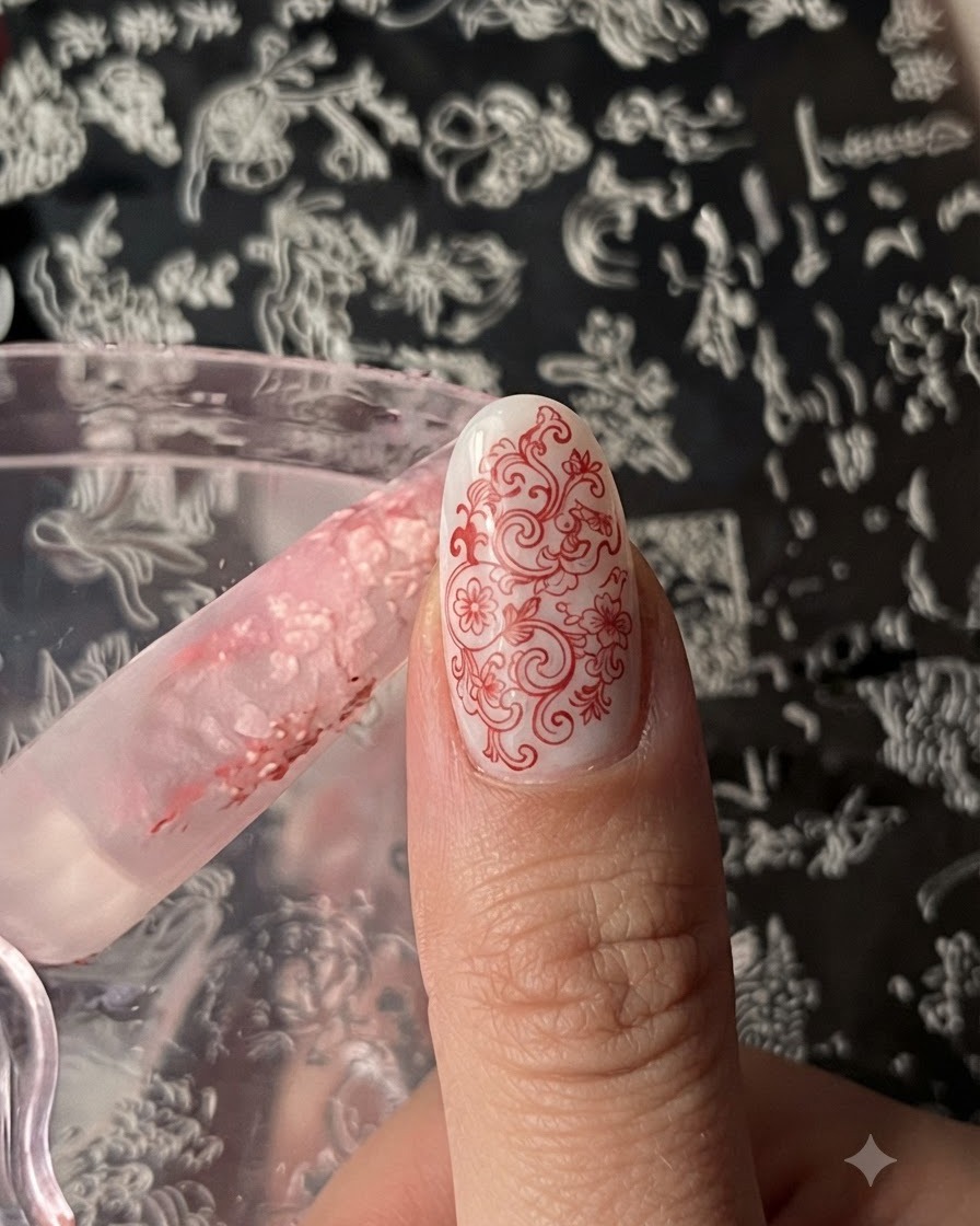 A thumb nail showing a completed intricate red vintage floral stamping design.