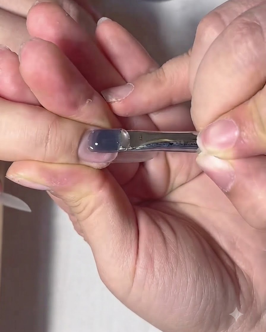 A flat brush lightly pulling and floating clear builder gel over the nail to form an apex.