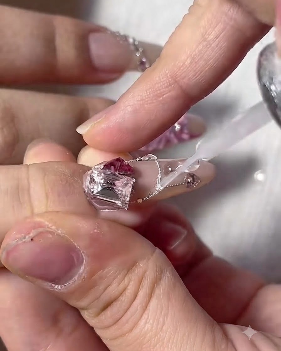 A thin nail brush applying clear top coat gel around a large rectangular ice cube charm and delicate chain on a fingernail.