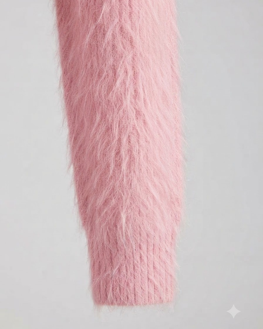 A close-up shot of a textured dry rose pink cashmere knit sleeve against a neutral background.