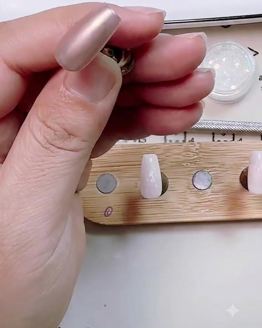 A sponge applicator smoothing magic chrome powder onto the surface of a polished nail.