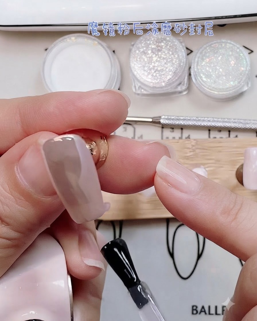 A brush applying a wet layer of matte top coat over a chrome nail surface.