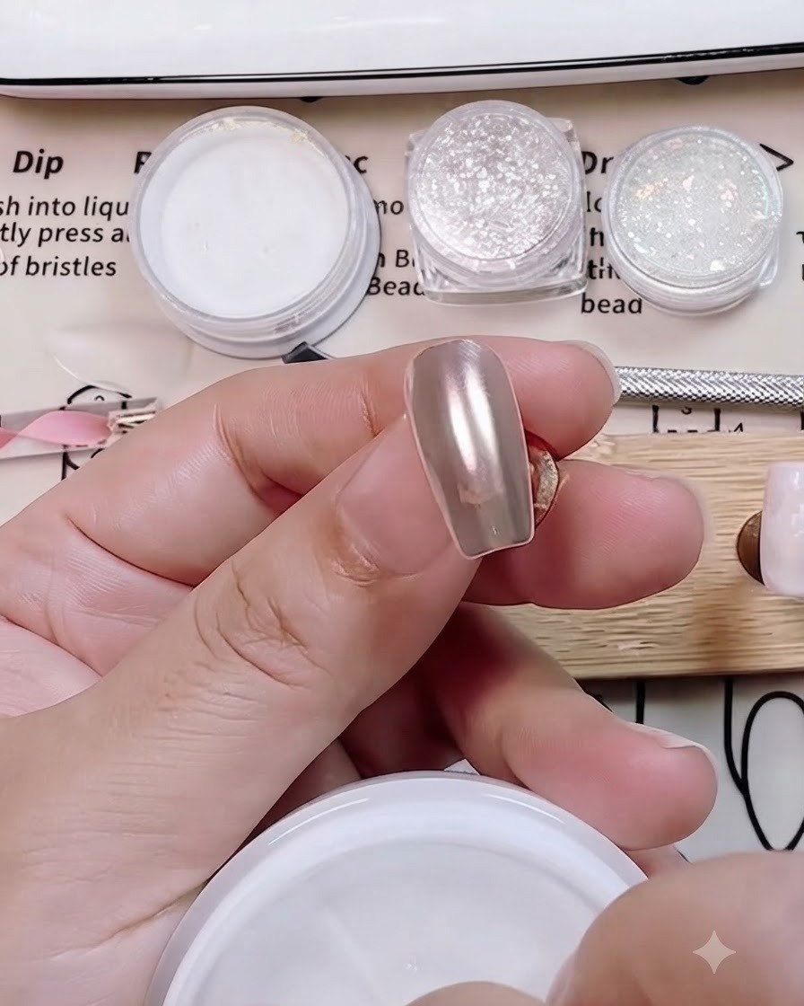 A nail being dipped into a jar of clear acrylic powder over an uncured coat.