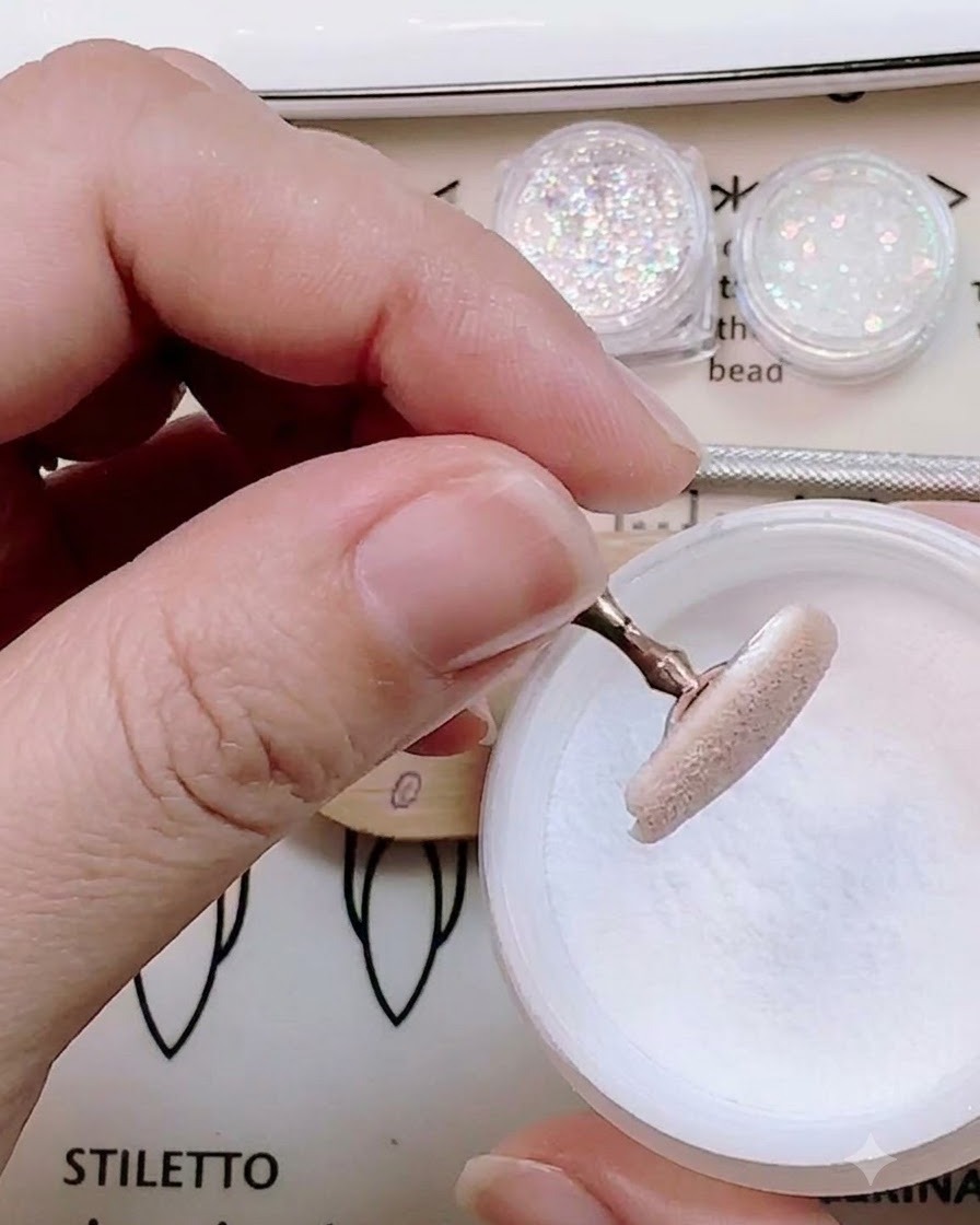 A nail holder positioned under a UV lamp curing the acrylic-coated surface.