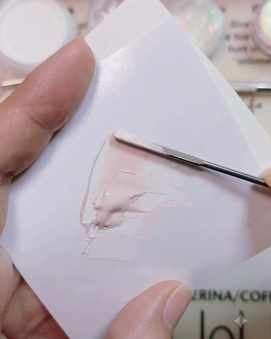 A metal spatula blending a drop of top coat into custom pink gel on a mixing sheet.