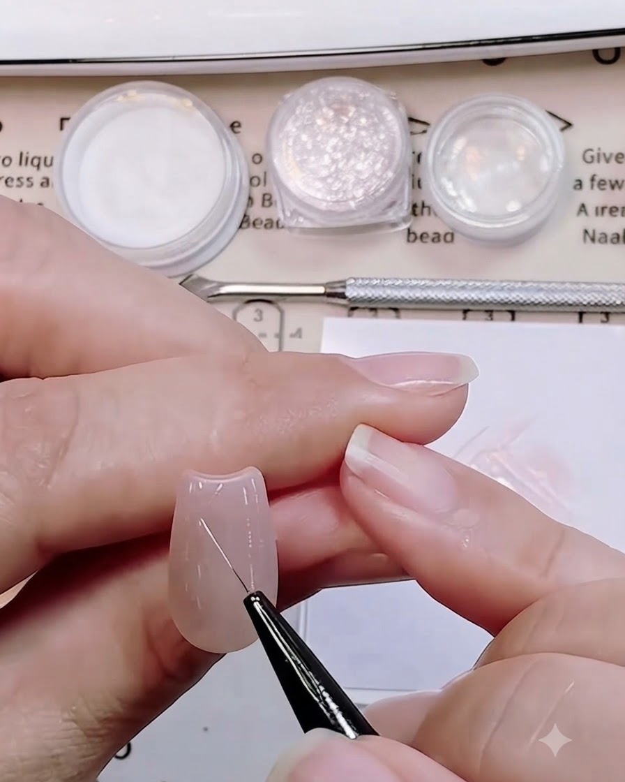 A close-up of a fine nail art brush drawing precise diagonal lines onto a nude-toned nail extension.