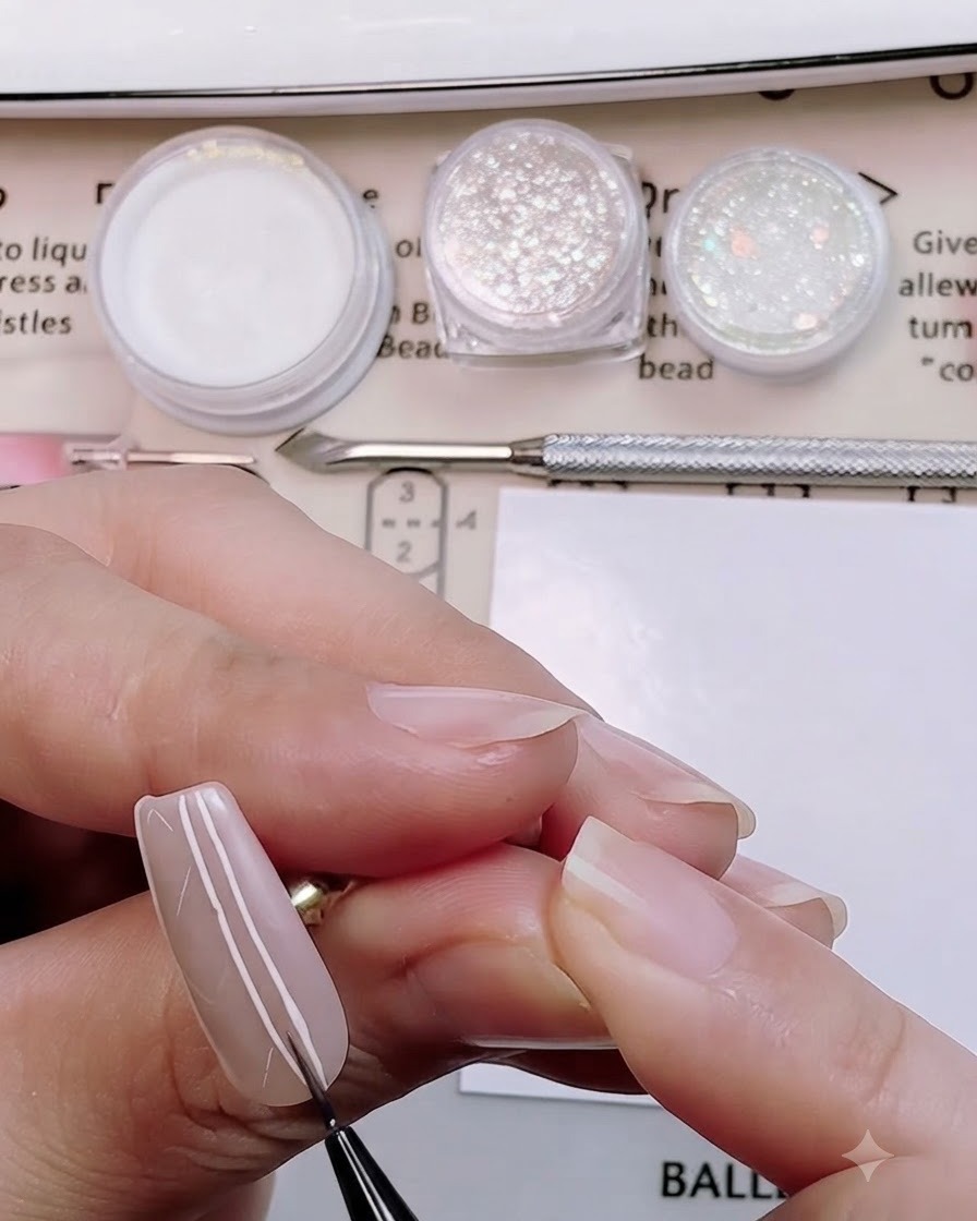 A fine brush adding side diagonal woven details to complete the complex sweater grid on the nail.