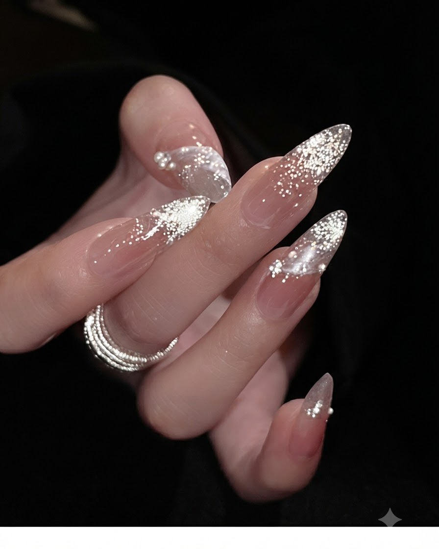 An index finger showing a fine silver glitter fade accented with small clear rhinestones.
