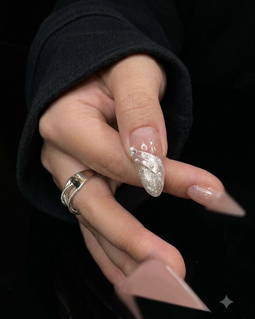 A close-up view of a hand showcasing sparkling silver micro-glitter gel and detailed white swirl nail art.