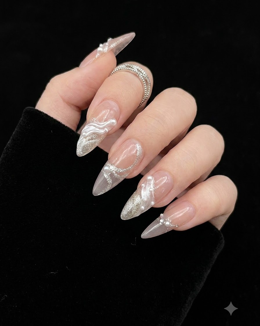 A hand rotated at a slight angle, showing bright light reflections bouncing off the glossy top coat layer of every nail.